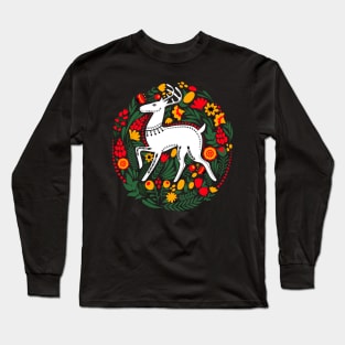 Folk Art White Stag with Flowers and Leaves Long Sleeve T-Shirt